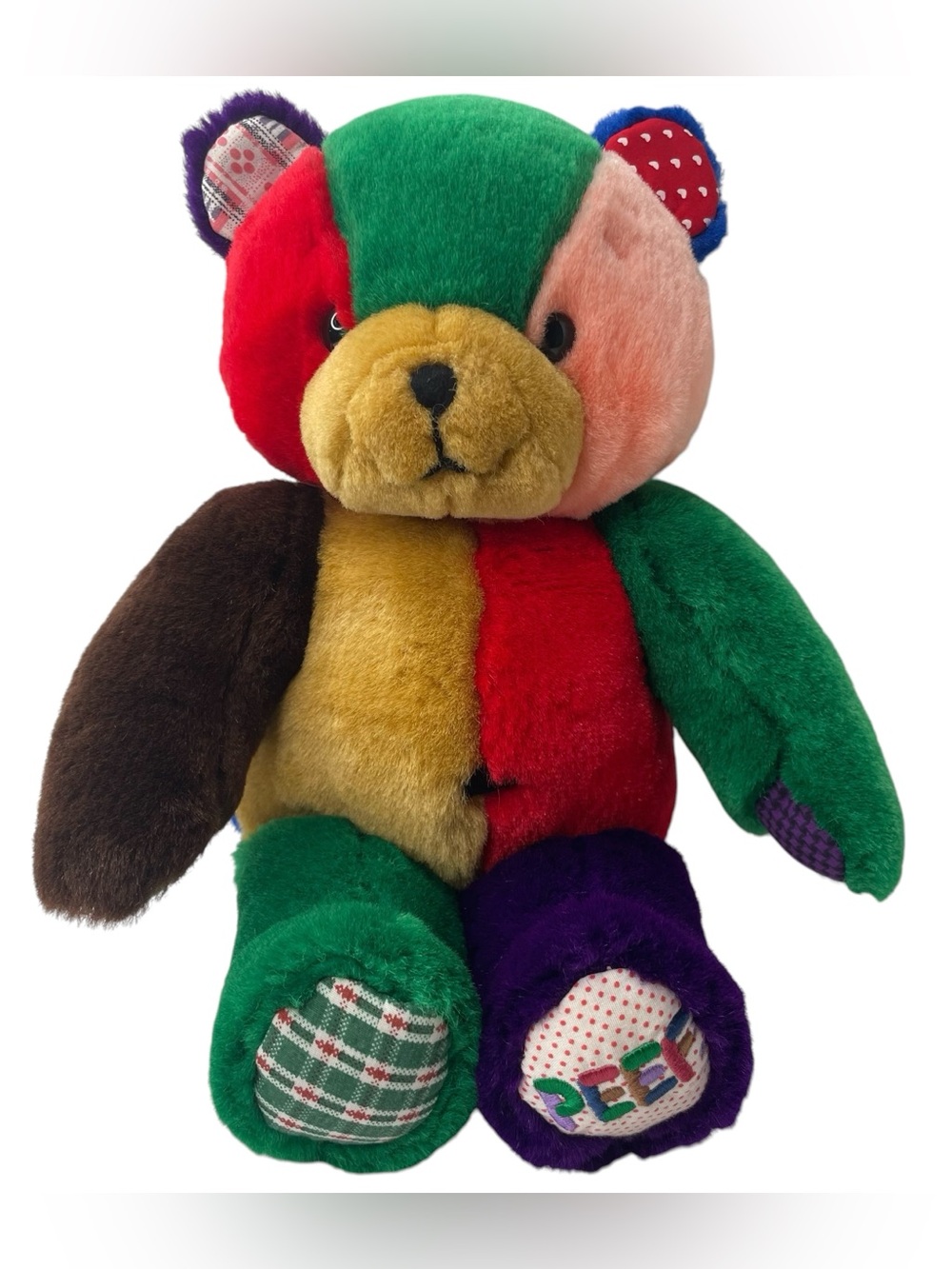 1996 Peef Bear 14” Christmas Teddy Colorblock Plush Stuffed Animal Squeaker